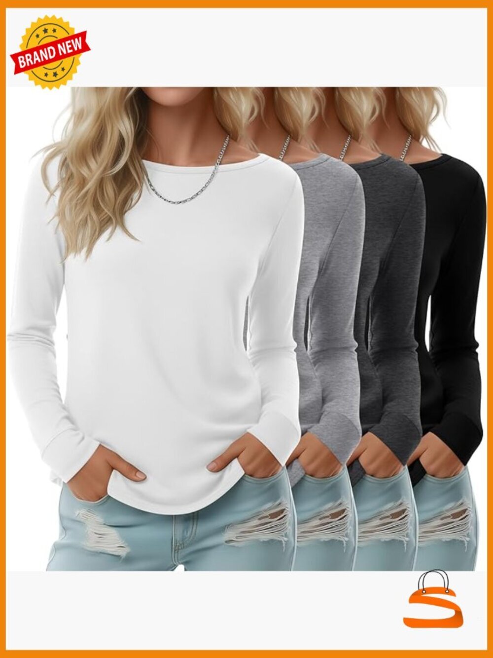 Cotton Boat Neck Long Sleeve Tee 4 Pack